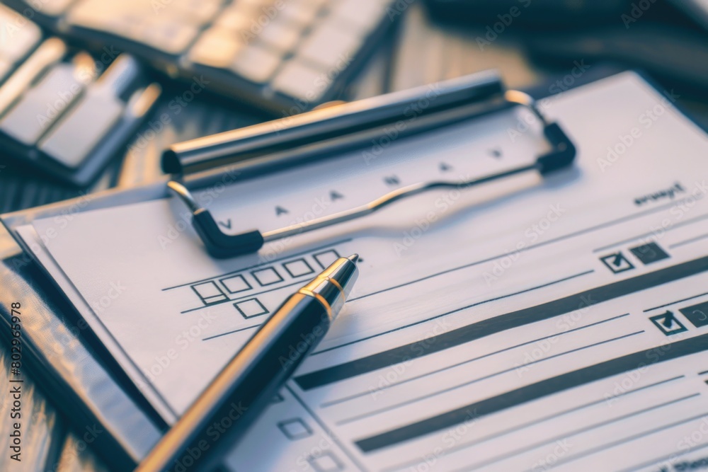Poster a pen and a calculator sitting on top of a table. suitable for office or education concepts