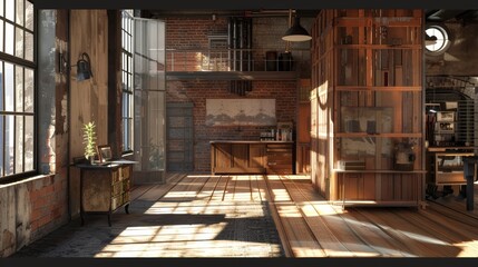 Elegant depiction of an industrial loft space, focusing on the interplay of wood, metal, and brick textures, ideal for a chic yet rough interior design theme