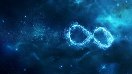 Infinity symbol glowing in cosmic space. Concept of eternity, universe, and abstract science.