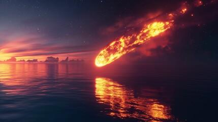 Meteorite entering the Earth's atmosphere over the ocean at sunset.