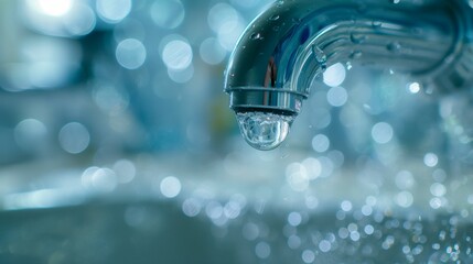 Close-up of a water droplet on a chrome faucet with blurred bathroom background.