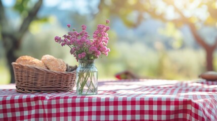 Pink flowers in glass vase and bread in basket on red and white checkered tablecloth.