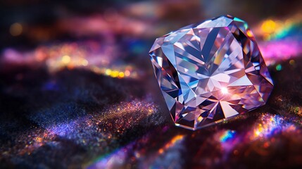 Image of a radiant cut diamond, illuminated by a focused beam of white light.