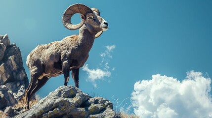 Bighorn sheep standing on a rocky peak with mountain range in the background.