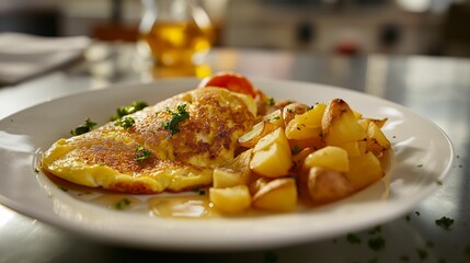 Omelette with potatoes on a plate. Culinary and breakfast concept.