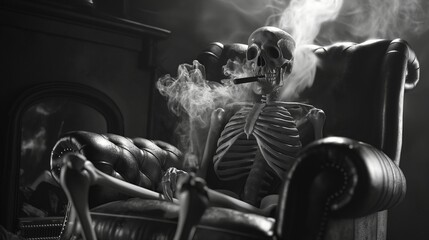 Skeleton smoking in leather armchair. Dark humor and conceptual art design.