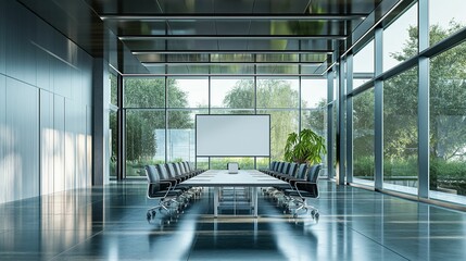 Modern corporate boardroom with a long white table, leather chairs, and floor-to-ceiling windows offering a city view.
