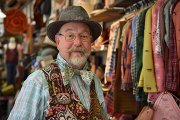 Fototapeta premium Vintage Visions: Capturing the Style of a Retro-Themed Thrift Store Owner
