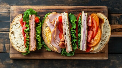 Fresh deli sandwiches with ham, cheese, tomatoes, and lettuce on a wooden cutting board.