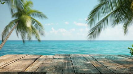 Wooden table top with blurred palm trees and tropical sea background.