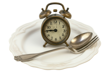 Vintage alarm clock with spoon and fork on plate isolated on transparent background