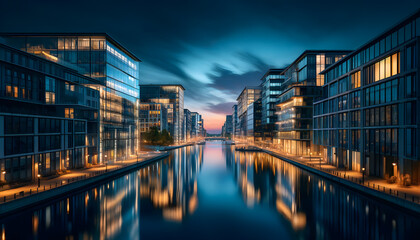 Fototapeta premium Modern Urban Glow: Illuminated Cityscape at Blue Hou