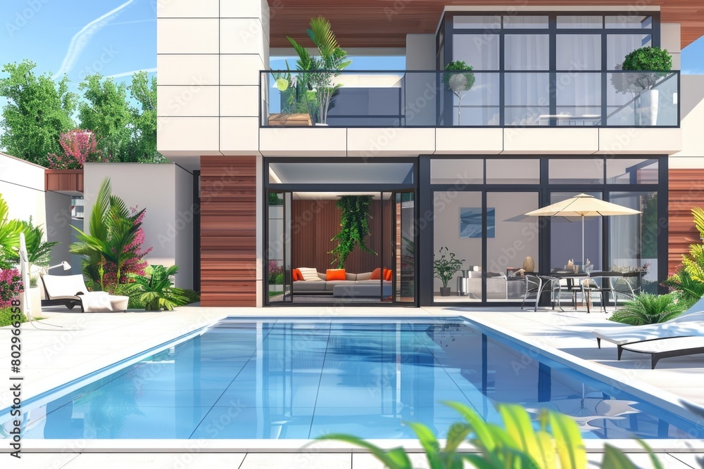 Poster a rendering of a house with a luxurious swimming pool. perfect for real estate or travel concepts