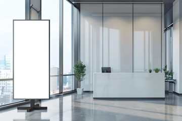 Vertical mockup design, White empty frame of company branding with office reception desk