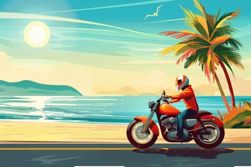 A man riding a motorcycle down a road next to a beach. Perfect for travel and adventure concepts