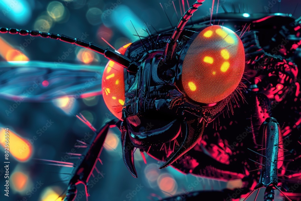 Poster close-up of a fly with bright lights in the background. suitable for nature or wildlife concepts