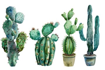 A group of cactus plants sitting next to each other. Perfect for botanical designs
