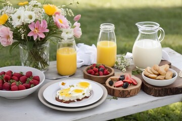 Immerse yourself in the harmonious blend of nature's offerings with a rustic outdoor brunch display of fresh dairy and blossoming flora