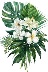 Fototapeta na wymiar Beautiful painting of white flowers and green leaves, perfect for nature lovers and interior decoration