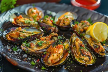 Plate of mussels with a fresh lemon wedge. Ideal for seafood menus