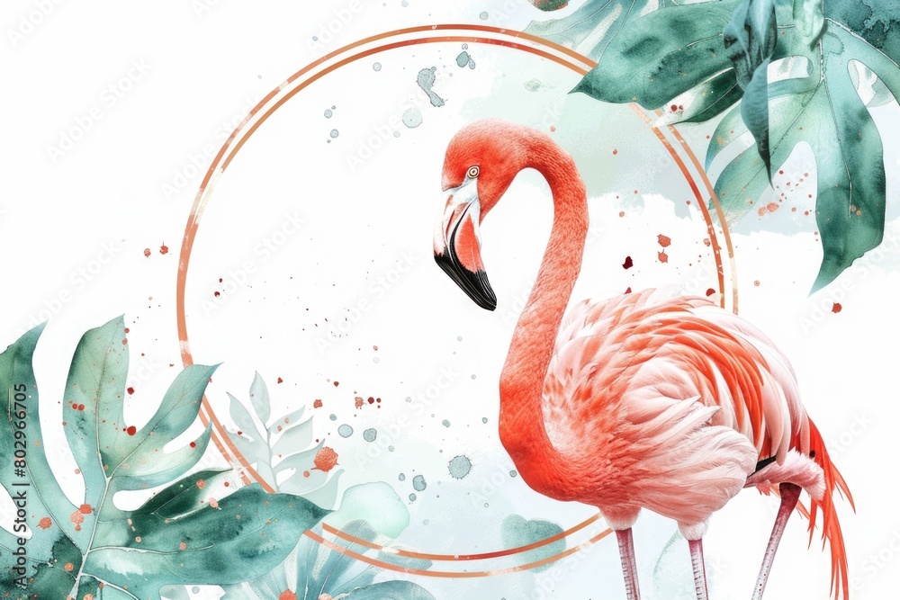 Poster a flamingo standing in front of a circle with leaves. suitable for nature and wildlife themes