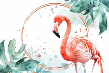 A flamingo standing in front of a circle with leaves. Suitable for nature and wildlife themes