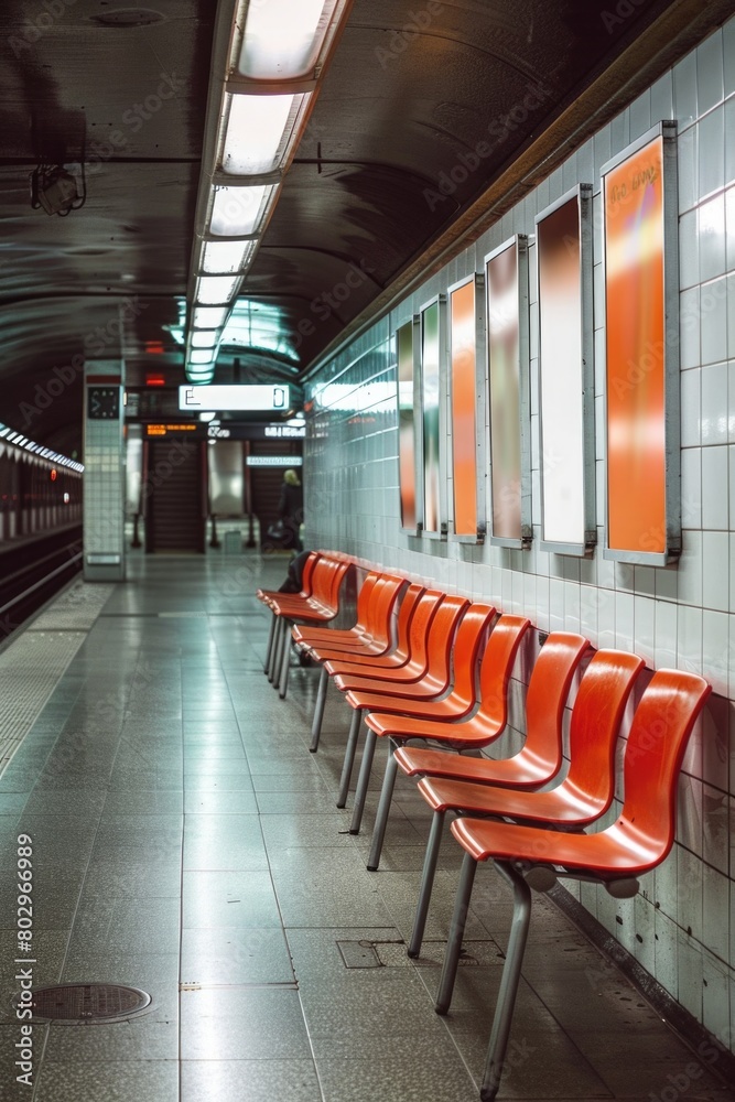 Poster a row of red chairs in a subway station, suitable for transportation concepts