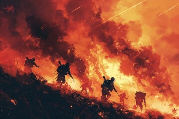 Group of people hiking up hill with fire in background. Suitable for outdoor adventure or camping concepts