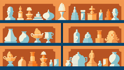A wall of shelves lined with delicate porcelain figurines each with its own unique story and history waiting to be explored.. Vector illustration