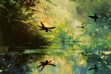 Dragonflies flying over a body of water. Suitable for nature and wildlife themed designs
