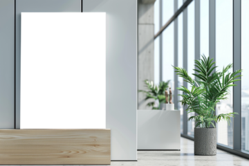 Vertical mockup design, White empty frame of company branding with office reception desk