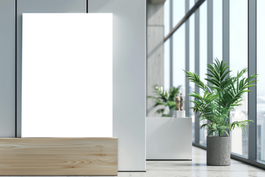 Vertical mockup design, White empty frame of company branding with office reception desk