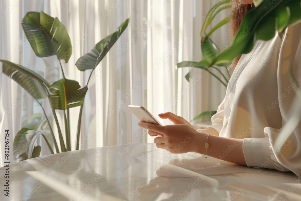 Aufkleber a woman sitting at a table using a cell phone. suitable for technology and communication concepts