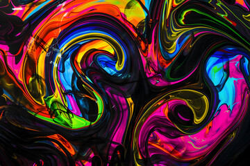 Vibrant neon abstract art with colorful swirling patterns. Eye-catching design on black background.