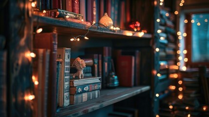 Fototapeta na wymiar Cozy Bookshelf with Vintage Books and Warm Fairy Lights