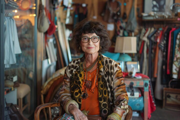Obraz premium Vintage Visions: Portrait of a Thrift Store Owner in Retro-Inspired Attire