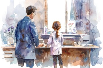A beautiful watercolor painting of a man and a little girl. Suitable for family-themed designs