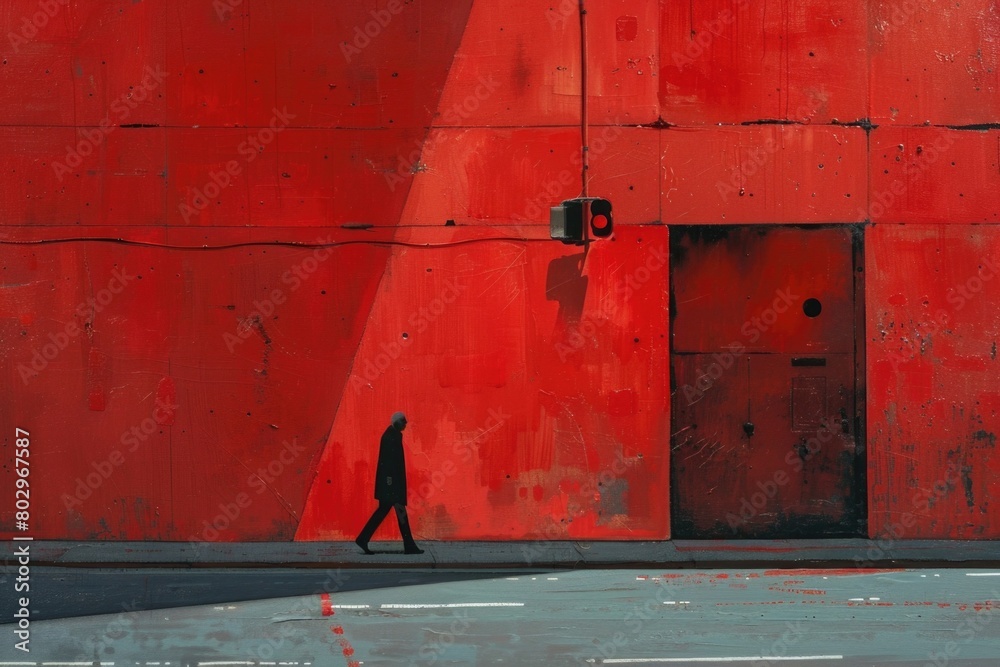 Poster person walking down a street in front of a vibrant red building. suitable for urban scenes and archi