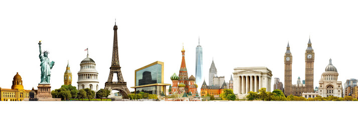 Historical monuments of different countries isolated on transparent background, travel and tourism concept