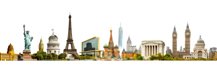 Historical monuments of different countries isolated on transparent background, travel and tourism concept