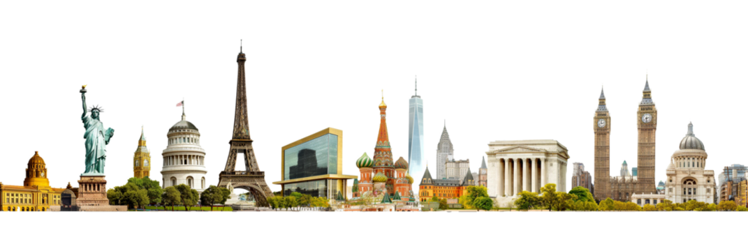 Historical monuments of different countries isolated on transparent background, travel and tourism concept