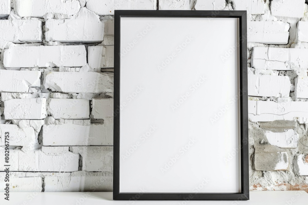 Aufkleber Simple and versatile image of a blank picture frame on a table against a brick wall. Ideal for showcasing artwork or photographs in a home or office setting
