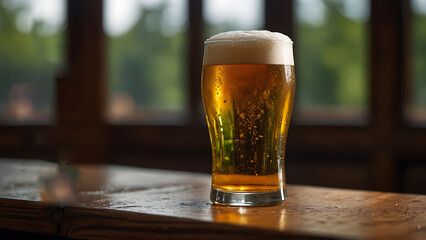 glass of beer on wooden table Craft Beer Delight Refreshing Brews on Wooden Table 