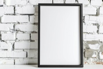 Simple and versatile image of a blank picture frame on a table against a brick wall. Ideal for showcasing artwork or photographs in a home or office setting