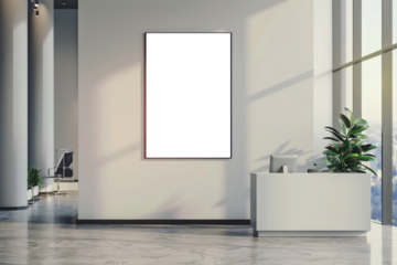 Vertical mockup design, White empty frame of company branding with office reception desk