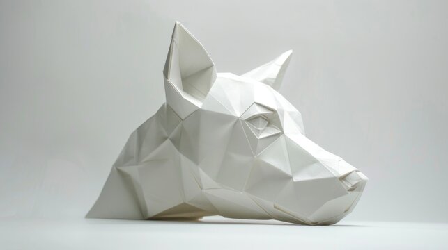Origami dog. Animal made of paper on a white background. Paper folding art.