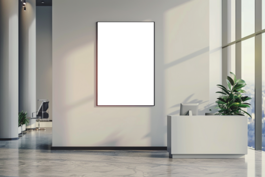 Vertical mockup design, White empty frame of company branding with office reception desk