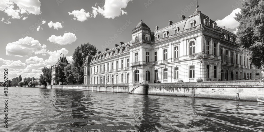 Poster a black and white photo of a large building. suitable for architectural and urban design concepts