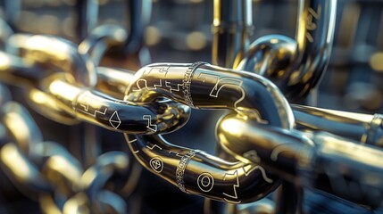 A chain made of digital blocks, each link engraved with security symbols, encircling a vault of virtual assets, illustrating the strength and integrity of blockchain security. 