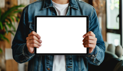 Mockup view of blank tablet screen in businessman's hand